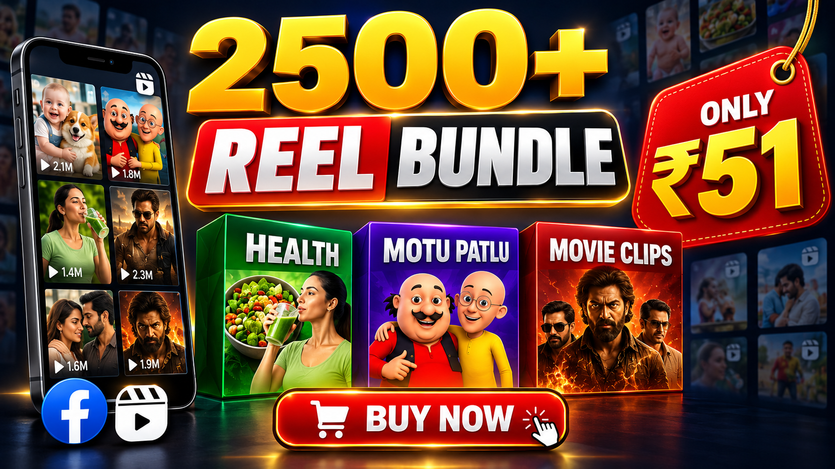 DigiPako 2500+ Mega Reel Bundle — Health Awareness, Motu Patlu and Movie Clips for ₹51